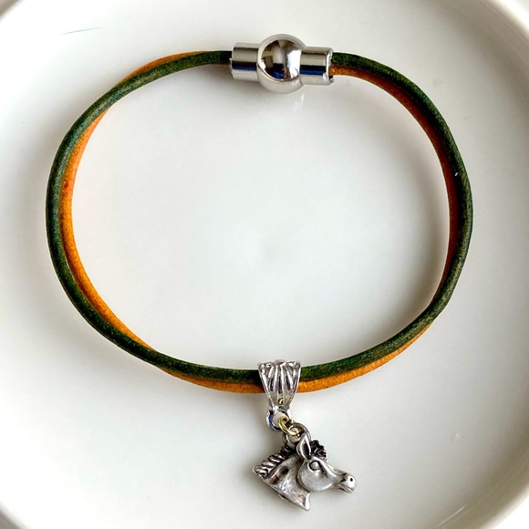 Double Strand Leather Bracelet with Horse Charm - Picture 1 of 6